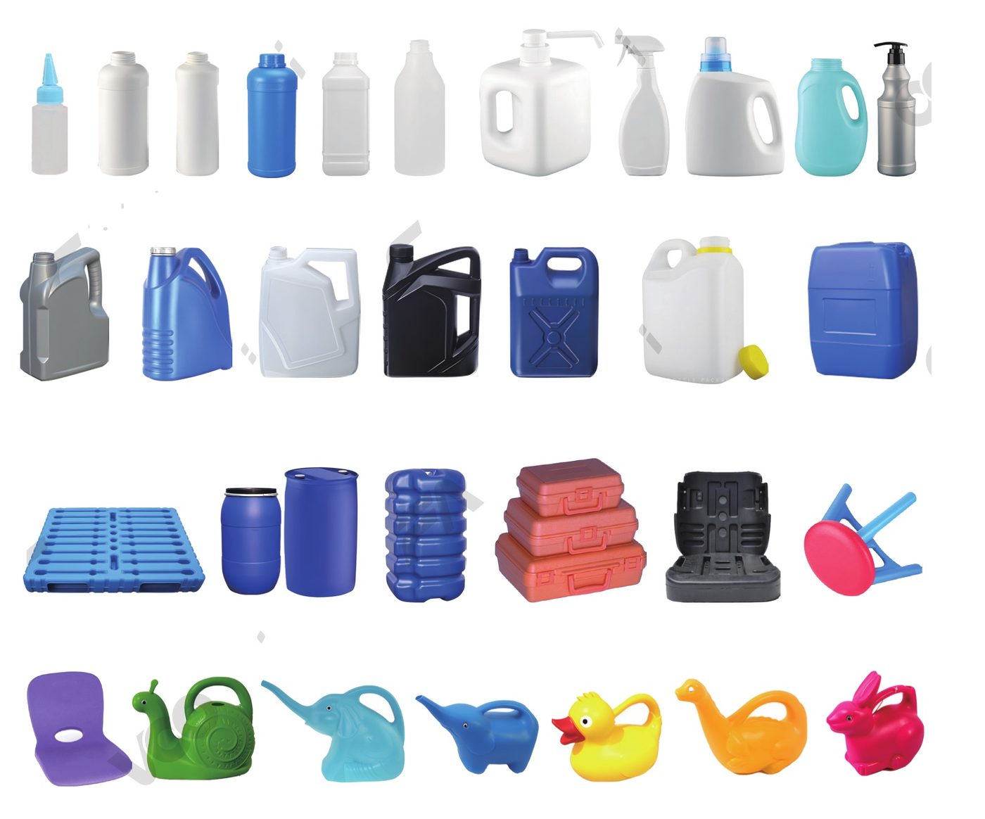 Extrusion blow moulded bottles, jerry cans, pallets, toolboxes, toys and chairs