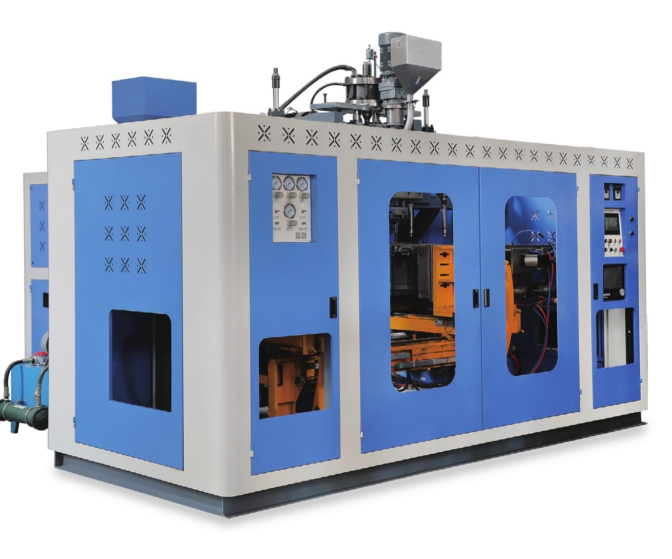 Automatic extrusion blow moulding machine for HDPE bottles and jerry cans
