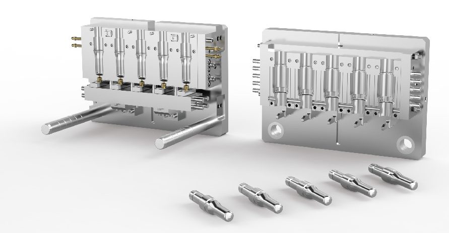 Injection blow mould set with core rods, preform mould and blow mould